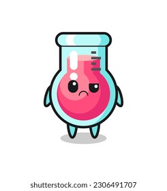 la mascota del vaso de precipitados de laboratorio con cara escéptica, diseño de estilo lindo para camiseta, pegatina, elemento logotipo