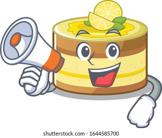 A mascot of lemon cake speaking on a megaphone
