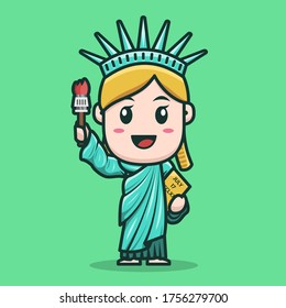mascot liberty statue character design  girl and crown   holding torch  flat design illustration
