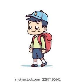 Mascot of little boy with bag backpack go to school. Cartoon flat character vector illustration