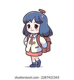Mascot of little girl with bag backpack go to school. Cartoon flat character vector illustration