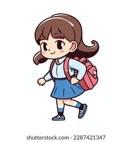 Mascot of little girl with bag backpack go to school. Cartoon flat character vector illustration