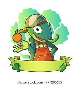 Mascot lizard wearing hat half body with vegetable background