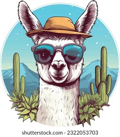 Mascot Llama Wearing Sunglasses And Cactus