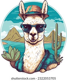 Mascot Llama Wearing Sunglasses And Cactus