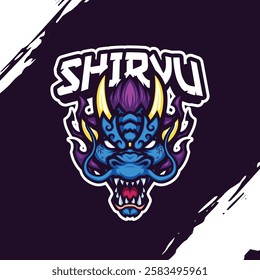 Mascot Logo of a Blue Dragon Head with Gold Horns and a Purple Mane