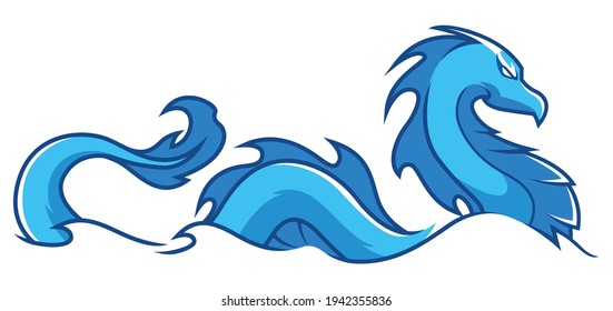 Mascot or logo with blue water dragon swimming.