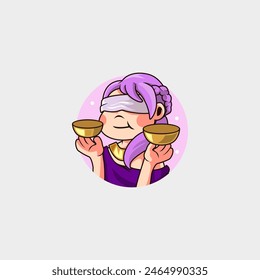 mascot logo cartoon beautiful woman zodiac libra holding scales in both hands with closed eyes determining justice