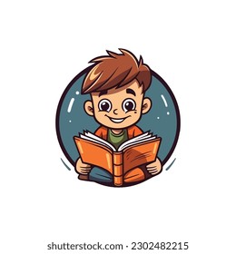 mascot logo for a children's bookstore with the mascot of a child reading a book