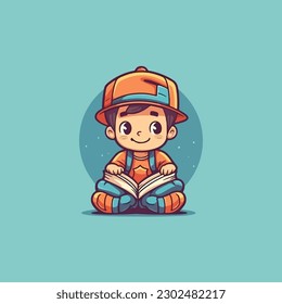 mascot logo for a children's bookstore with the mascot of a child reading a book