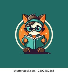 mascot logo for a children's bookstore with the mascot of a cute animal reading a book. cartoon style