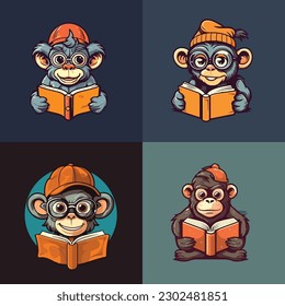 mascot logo for a children's bookstore with the mascot of a monkey geek reading a book. 