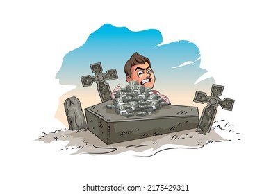 Mascot Logo Design Of Greedy Man Holding A Lot Of Money In A Grave Yard Vector Illustration Cartoon Character