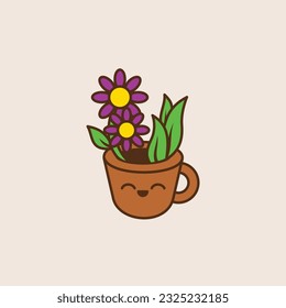 A mascot logo featuring a cute and cartoony flower plant pot smiling happily.
