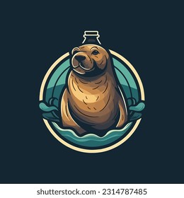 Mascot logo in the form of a sea lion for a marine beverage products company