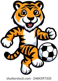 The mascot logo illustrates a tiger playing soccer. It is suitable for soccer mascots.