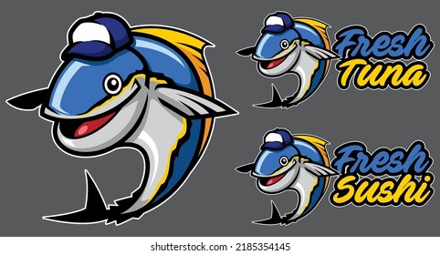 Mascot or logo illustration with blue tuna fish, smiling and wearing a cap.
