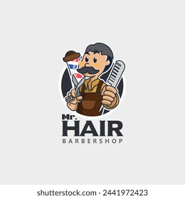 logo de la mascota para los hombres barbería con un personaje de dibujos animados lindo y único, un hombre con un bigote que sostiene un peine y tijeras