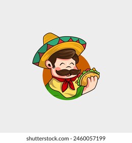 mascot logo mexican man wearing sombrero eating very tasty tacos