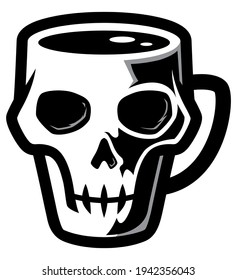 Mascot or logo with mug in the shape of human or ape skull.