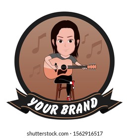 Mascot or logo for Music center, Guitar store or music school with cute male guitarist character.