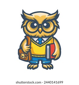 mascot logo owl in glasses carrying books and bag