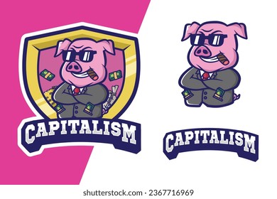 Maskottchen-Logo-Schwein mit Emblem und Geld für Teamsport oder Sport