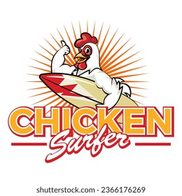 mascot logo of a surfer chicken carrying a surfboard giving a thumbs up, with the words chicken surfer underneath