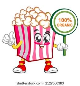 Mascot logo vector, cartoon and cute popcorn illustration carrying a sign 100% organic