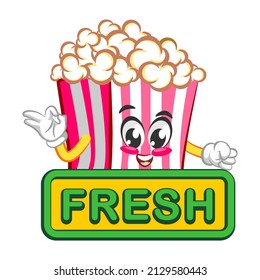 Mascot logo vector, cartoon and cute popcorn illustration giving an ok gesture over a sign that says fresh