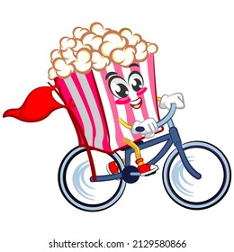 Mascot logo vector, cartoon and cute popcorn illustration cycling
