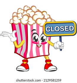 Mascot logo vector, cartoon and cute popcorn illustration carrying a sign says closed