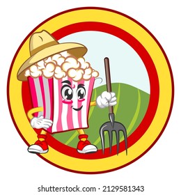Vector de logotipo de mascota, dibujos animados y adorable ilustración de palomitas en el logotipo de arrozal