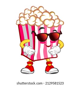 Mascot logo vector, cartoon and cute popcorn illustration wearing sunglasses in style
