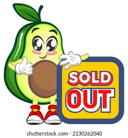Mascot logo vector, cartoon and cute avocado illustration carrying a sold out sign