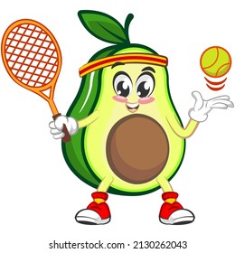 Mascot logo vector, cartoon and cute avocado illustration playing tennis