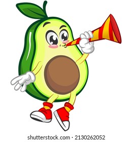 Mascot logo vector, cartoon and cute avocado illustration blowing party trumpet