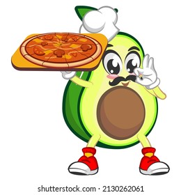 Mascot logo vector, cartoon and cute avocado illustration being a chef serving pizza