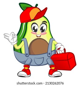 Mascot logo vector, cartoon and cute avocado illustration being a handyman with the toolbox