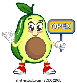 Mascot logo vector, cartoon and cute avocado illustration carrying a sign that says open