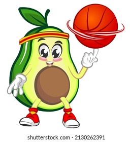 Mascot logo vector, cartoon and cute avocado illustration spinning a basketball with his finger