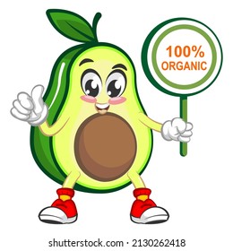 Mascot logo vector, cartoon and cute avocado illustration carrying a sign that says 100% organic