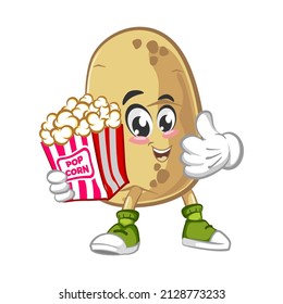 Vector de logotipo de mascota, dibujos animados e ilustración de tiernas adorables comiendo palomitas de maíz
