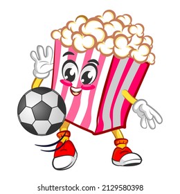 Mascot logo vector, cartoon and illustration of cute popcorn playing soccer