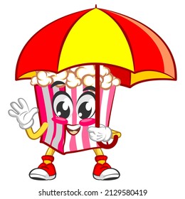 Mascot logo vector, cartoon and illustration of cute popcorn carrying a protective umbrella