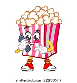 Mascot logo vector, cartoon and illustration of cute popcorn on the phone