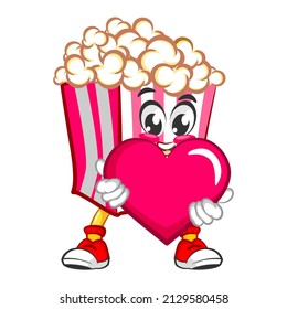 Mascot logo vector, cartoon and illustration of cute popcorn hugging pink heart