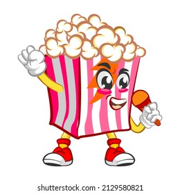 Mascot logo vector, cartoon and illustration of cute popcorn singing in popstars style