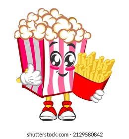 Mascot logo vector, cartoon and illustration of cute popcorn carrying french fries