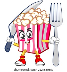Mascot logo vector, cartoon and illustration of cute popcorn carrying knife and fork